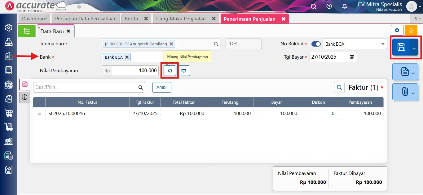 Mencatat uang muka penjualan sebagian